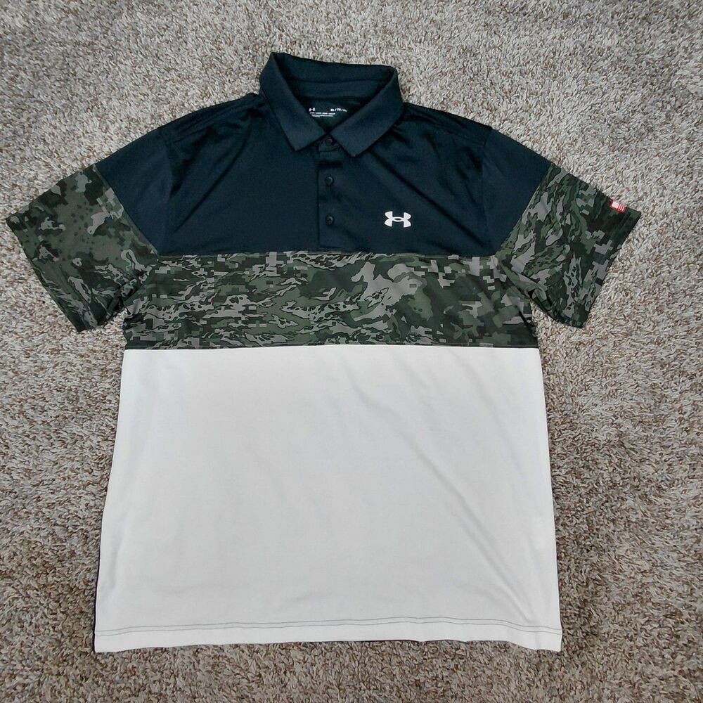 Under Armour Polo Shirt Mens XL Gray Camo White USA Flag Loose Short Sleeve Golf